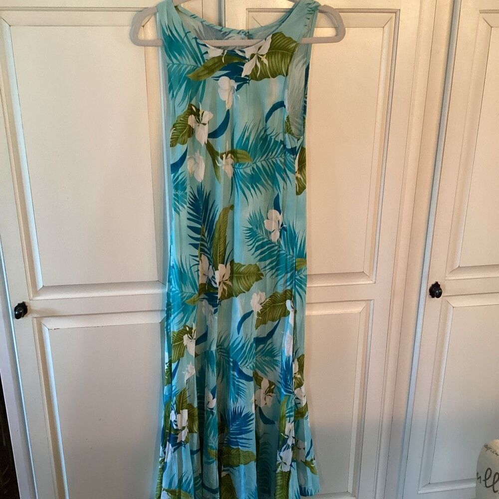 Two Palms Hawaiian Midi Dress Sz L Palm Floral Print Blue Green